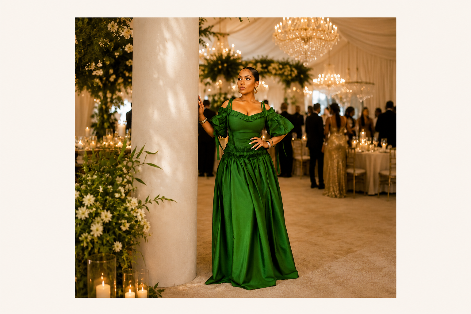 A woman in an elegant emerald green dress showcasing a sophisticated wedding guest outfit 2026 style at a reception venue